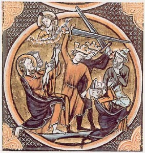 Crusaders slaughter Jewish men. French Bible Illumination, taken from this site.