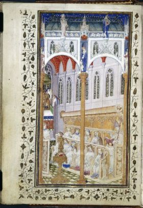 Church interior, from the Psalter of Henry VI (London, BL MS Cotton Domitian A. XVII, f. 12v). Henry VI initiated the building of King's College Chapel.