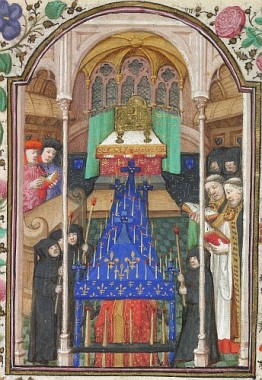 The burial of the dead (from the Office of the Dead). London, BL MS Yates Thompson 3, f. 211r.